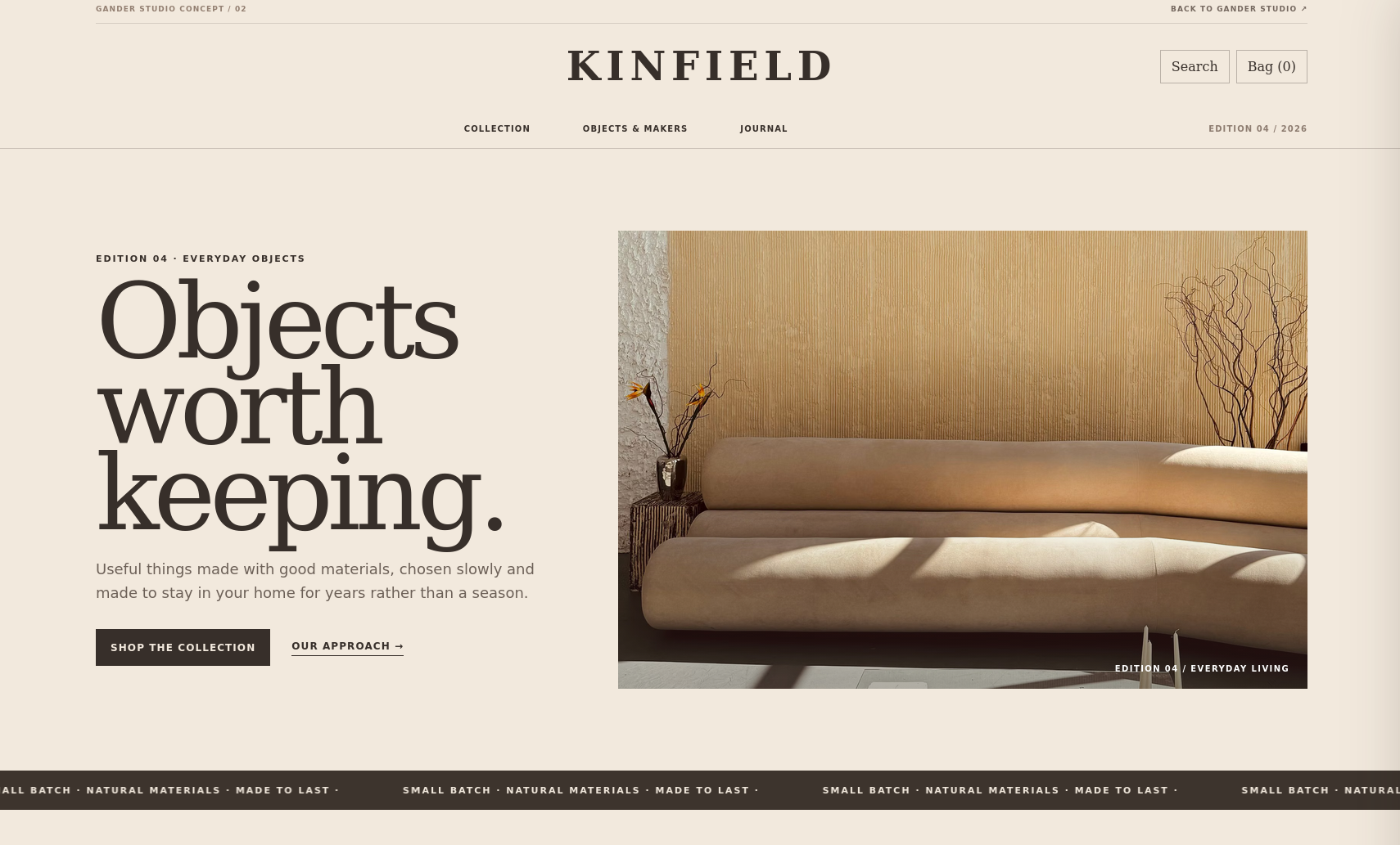 Kinfield independent retail concept homepage