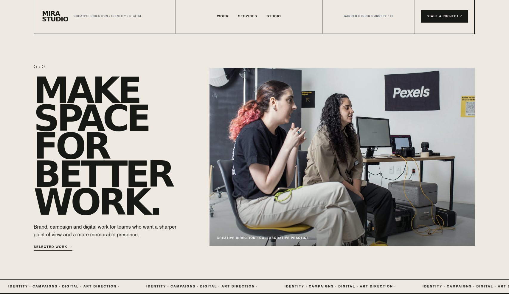 Mira Studio creative studio concept homepage